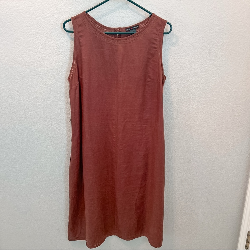 Faith Love Passion Brown 100% Linen Dress Sleeveless Size 16 With Pockets Coast